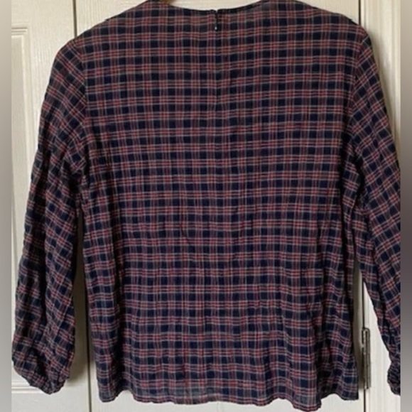 J.McLaughlin Tartan Plaid Seersucker Size Med Cotton Blouse Blouson Sleeve Women - Picture 4 of 11